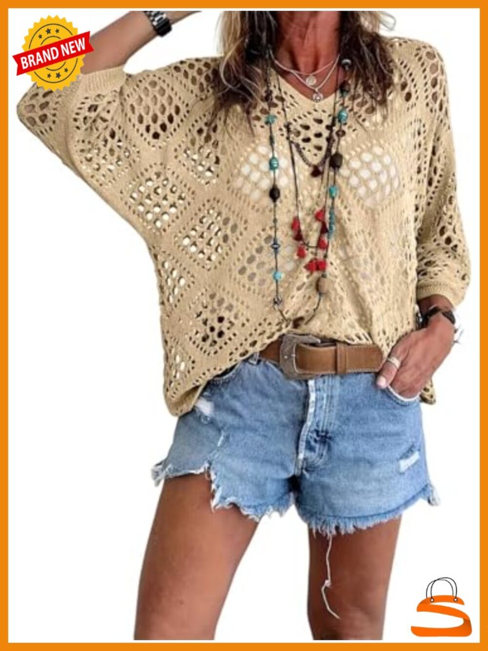 Crochet Long Sleeve V-Neck Hollow-Out Beach Cover Up Top